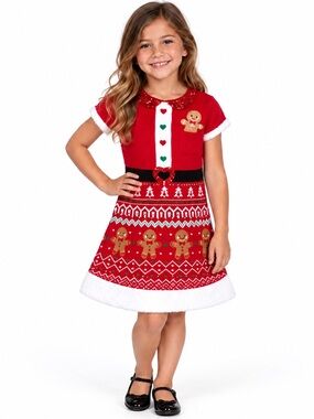 Jill Sweaters Christmas Gingerbread Knit Dress Girls M 7/8 Red Santa Holiday